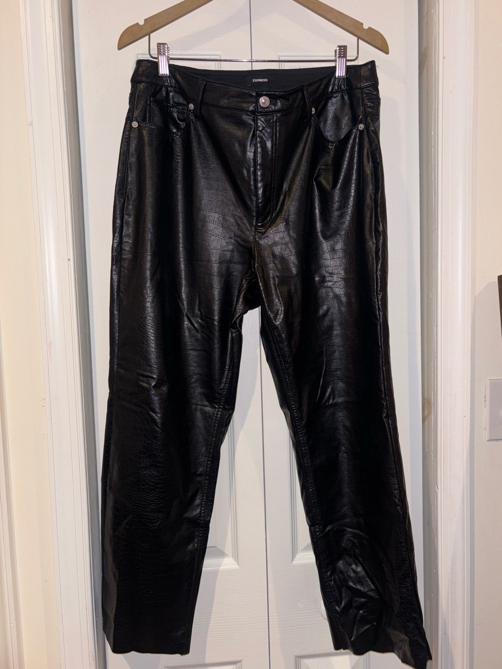 Express Faux Leather Straight Pants — Black Crocodile Embossed